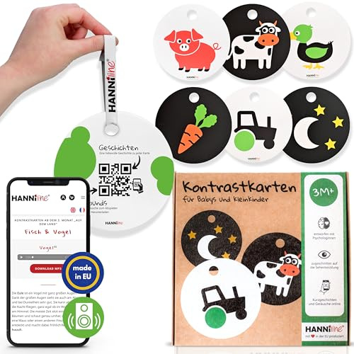 HANNIline® Kontrastkarten Baby [Made in EU] 20 Bilder 11 Karten Baby Spielzeug ab 3 Monate | mit Schlaufe, Elternratgeber, Online-Sounds und Stories | Montessori Spielzeug