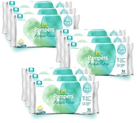 Pampers Acqua Pura Babytücher, 468 Einheiten (3 Packungen) – 99% Wasser, 100% Baumwolle, 0% Kunststoff, Alkohol und Parabene – ideale Reinigungstücher für empfindliche Haut, feucht ohne zusätzliche