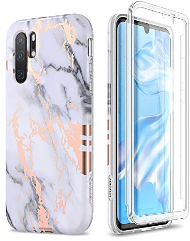 SURITCH Kompatibel mit Huawei P30 Pro Hülle 360 Grad Hüllen mit Integriertem Displayschutz Silikon Komplettschutz Handyhülle Schutzhülle für Huawei P30 Pro Marmor weiß