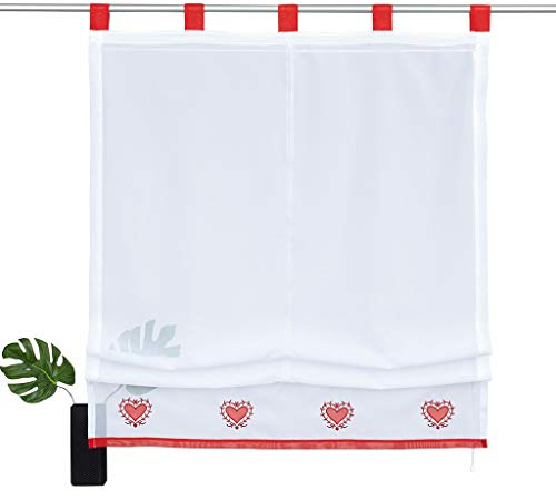 SIMPVALE 1 Paneel Raffrollo mit Schlaufen - Gardinen Kurz Bestickt Schlaufenrollo - Vorhänge für Küche, Balkon, Arbeitszimmer, 140x155 cm, Rot