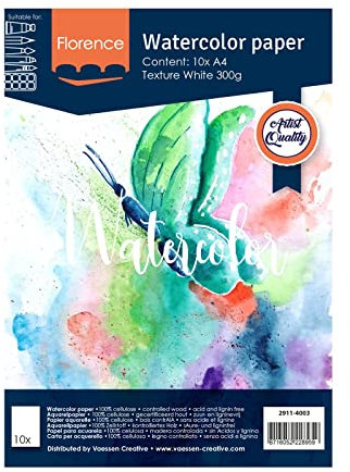Vaessen Creative Florence Carta per Acquerello A4, Bianco, 300 g/mq, qualità Belle Arti, Grana Grossa, 10 Fogli per Pittura, Handlettering, Progetti Artistici e Altro Ancora, Blanco