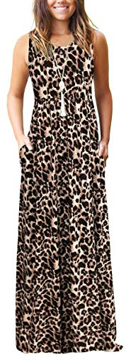 AUSELILY Summer Dresses for Women Casual Sleeveless Ladies Maxi Dress Long with Pockets Leopard M