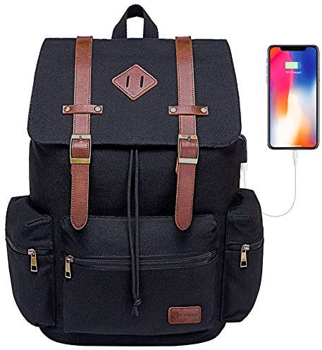 MODOKER Vintage Rucksack Backpack for Women Men, Canvas Travel School Backpack Fits 15.6 Inch Laptop, Bookbag Black Fashion Daypack with USB Charging Port, Black