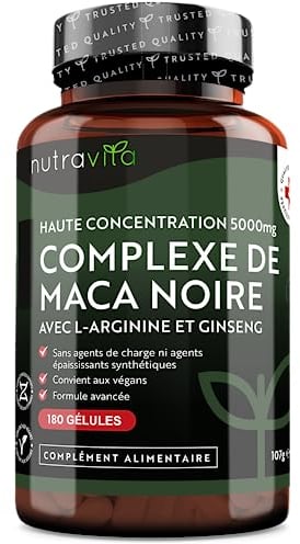 Maca Root Capsules 5000mg (High Strength) – 180 Vegan Black (6 Month Supply) Not Tablets 100% Peruvian with L-Arginine, Panax Ginseng & Pepper Made in UK by Nutravita