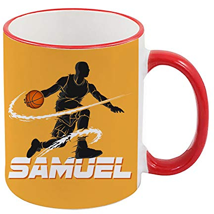Personalised Basketball Player Any Name Sports Lover Gift for Men, Brother, Father, Boyfriend-Boy Birthday Present Gift idea Coffee Mug, Ceramic Mug. (Red Rim & Red Handle Mug)