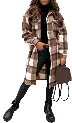 SeekMe Veste longue à carreaux pour femme - Col à revers boutonné - Laine mélangée - Style décontracté - Tartan - Trench coat, café, X-Small