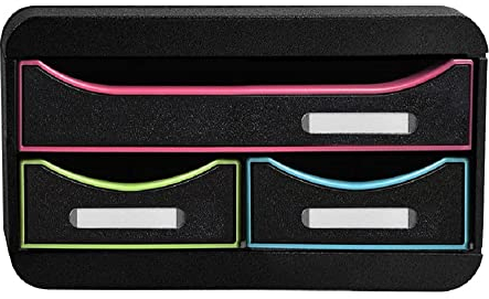 Exacompta 311914D Ablagebox Harlekin mit 1 Schublade für DIN A4+ und 2 schmalen Schubladen. Belastbare Schubladenbox aus Recycling-Kunststoff für mehr Platz. SmallBox Blauer Engel Schwarz|Bunt