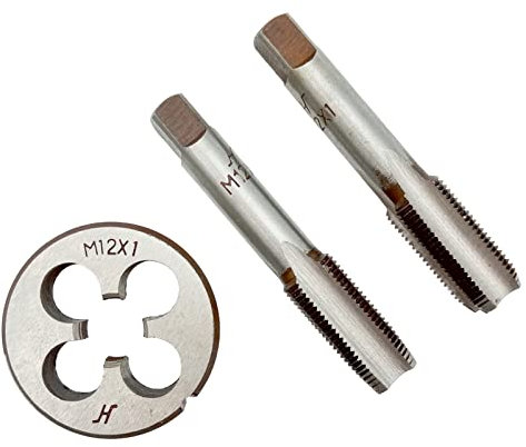 Acdeyaca Ensemble de tarauds et filières métriques à main, tarauds filetés M12 x 1 et matrice ronde, 2 tarauds droits pour droitier et 1 matrice (M12 x 1)