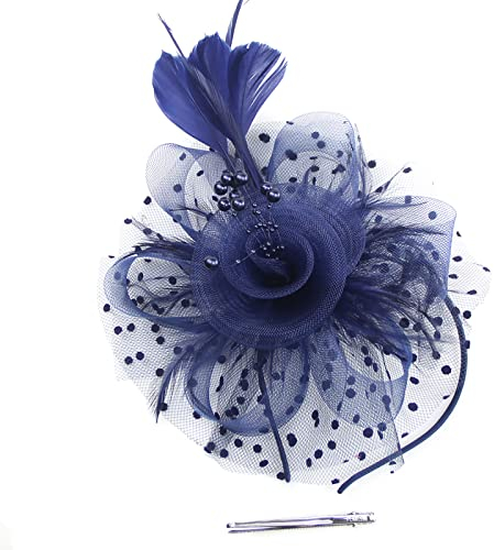 Malaxlx Navy Blau Fascinator Hut Blume Mesh Federn Haarschmuck Haar Clip Stirnband Tea Party Hochzeit Derby Cocktail Kopfbedeckung Headwear für Damen Mädchen