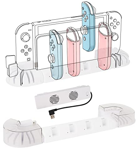 Geekria Charging Station Stand and Game Holder Compatible with Nintendo Switch & OLED Model Joy-Cons, Charger Stand Station with Cooling Fan Intended for Nintendo Switch Joy Con