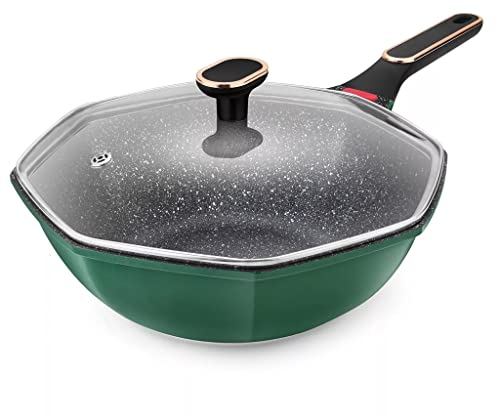 BONOCO Poêle Wok 32 cm avec Couvercle en Verre Woks à Induction antiadhésifs avec poêle à l'anis Vert avec pièce Chaude (Couleur : A Size : 32cm) (Color : A)