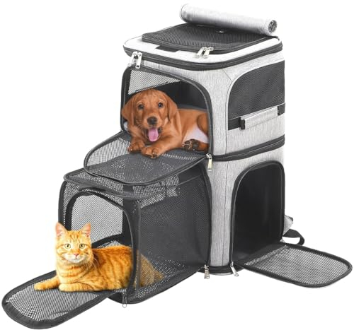 Erweiterbarer Katzenrucksack Tragetasche für 2 Katzen, Hunderucksack für 2 kleine Haustiere Hunde, Eingebauter Rahmen Stützplatte und Sicherheitsgurte, Faltbar