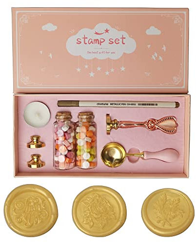 PORXFLY Wachssiegel Stempel Set, Vintage Personalisierte europäische Siegellack-Stempel-kit Geschenkbox Set für Hochzeitseinladungen,Kartenumschläge, Geschenkverpackung (3 Stück Rosa Box Stempelsatz)