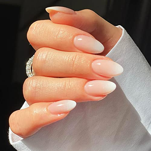 Oval Fake Nails Short, 24Pcs Nude Pink Gradient False Nails, Stiletto Press on Nails Pattern, Almond Stick on Nails, French Nail Tips with Nail Glue for Women Girls Nail Art Decorations
