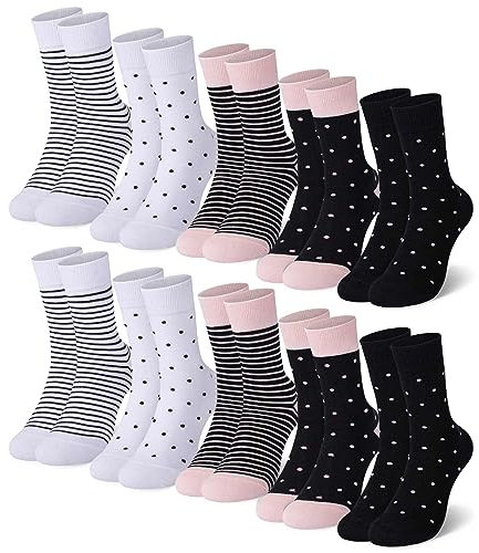 Falechay Damen Socken mehrfarbig mit Streifen, Punkte,10 Paar Süße Baumwoll Damensocken Sportsocken in verschiedenen Mustern Pink-Weiß,35-38