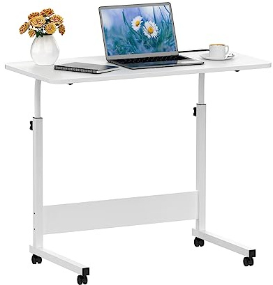 Bureau réglable en hauteur avec roulettes mobiles, support pour ordinateur portable, structure en métal, plateau en bois, 80 x 40 cm, blanc
