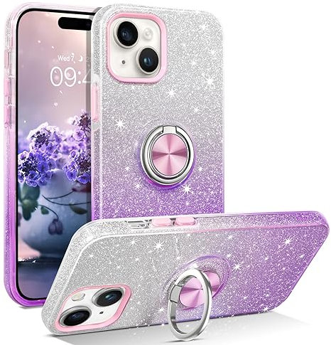 YINLAI iPhone 15 Plus Case iPhone 14 Plus Case Bling Glitter Sparkle for Girls Women with Ring Kickstand Slim Shockproof Protective Case for iPhone 15 Plus/14 Plus 6.7 inch, Purple Gradient