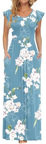 AUSELILY Damen Sommer Kurzarm Rundhalsausschnitt Lockeres Maxikleid Lässiges Hohe Taille Langes Kleid mit Taschen(Hellblaue Blüten,M)