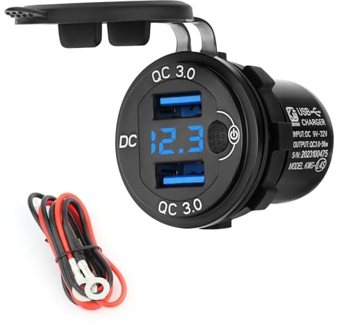 Auto USB Steckdose Kfz Ladegerät Buchse QC3.0, 12V/24V Wasserdicht Dual USB Kfz Ladebuchse mit 23,6-Zoll-Kabel LED Anzeige und Touch Schalter