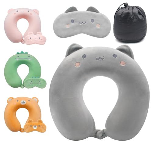 Lookka Oreiller de Voyage Mignon pour Enfant, Coussin de Soutien du Cou en Mousse à mémoire de Forme (Housse Lavable) avec Joli Masque pour Les Yeux pour Dormir et se Reposer en Avion, Appui-tête de