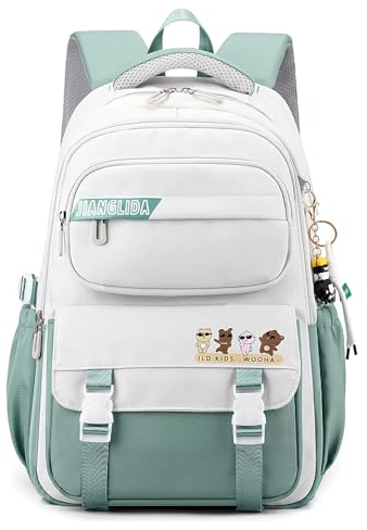 JANSBEN Schulrucksack Mädchen Teenager Schulranzen Jungen Wasserdicht Rucksack Schule Viele Fächer Laptopfach Schultasche für 1-5.klasse 21L Grün