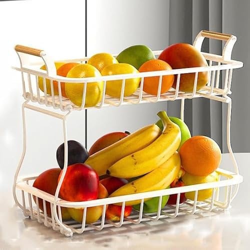 ZAIED Metal Fruits Storage Basket Stand Organizer for Onion Potato Bread Snack,Stackable 2 Tier Organizers Fruit Vegetable Garlic Floor Stand,White
