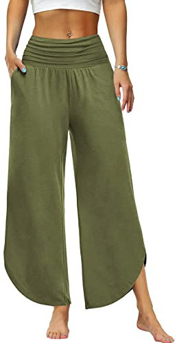 Les umes Elastische Yogahosen für Damen Jogginghose Damen weites Bein Freizeithose Elastische Taille Sommerhose für Damen mit Tasche Hose Yoga Hose Grün XXL