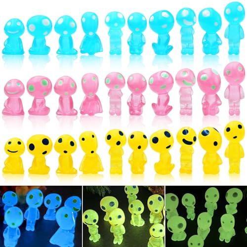 30PCS Glow in The Dark Mini Alien Figure Tiny Fairy Garden Accessories Alien Decor for Alien Party Dollhouse Micro Landscape Bonsai