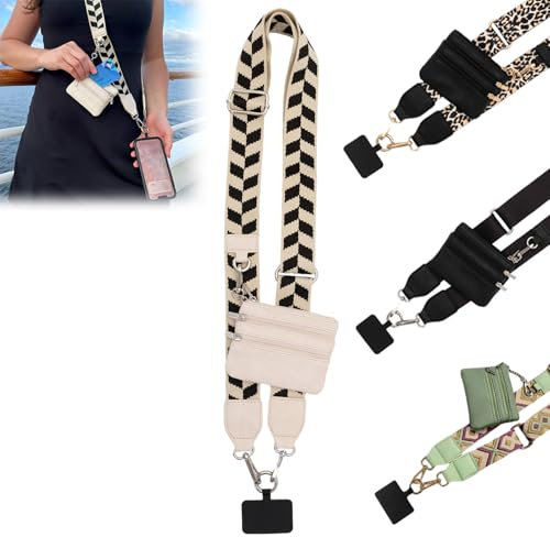 Handygurt mit Reißverschlusstasche, verstellbarem Crossbody-Gurt, und Geldbörsen-Tasche, Handyband mit Clip and Go, Universal-Handykette und Ausweishalter (Schwarz und Weiß)