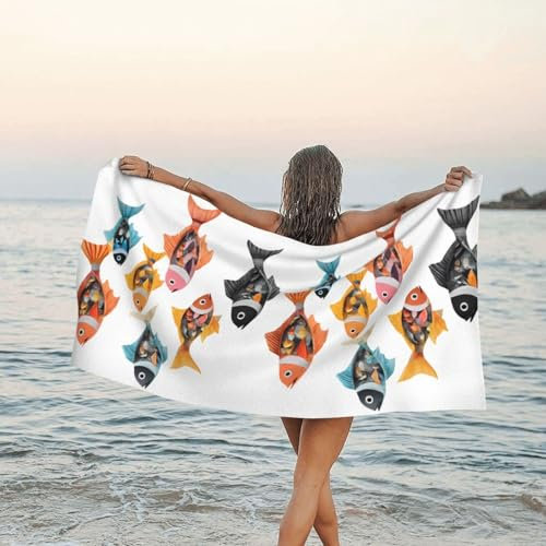 UENFFKDAP Mikrofaser-Strandtuch mit buntem Fischdruck, schnelltrocknend, leicht, super saugfähig, Schwimmen, Fitnessstudio, Wandern.
