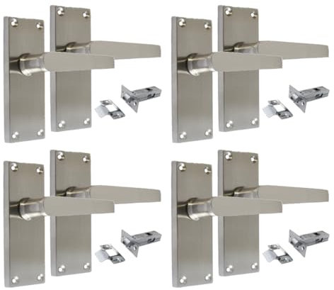 Epsom Door Handle Satin Nickel Straight Door Handle Set - Victorian Style Internal and External Lever Door Handles with Backplate 118mm x 42mm Sets (4 Pair of Latch Handles + Tubular Latch)