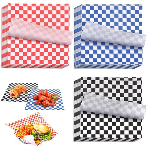 SIWOKJJO 150pcs Greaseproof Paper Sheets, Checkered Wax Paper Sheets, Waterproof Food Wrapping Paper, Sandwich Wrappers for Sweets Cakes Cheese Baking(18x18CM)