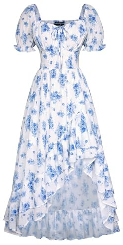 SCARLET DARKNESS Women's Boho Dress Square Neck Floral Dress Smocked Puff Sleeves Party Victorian Costume Blue Rose M