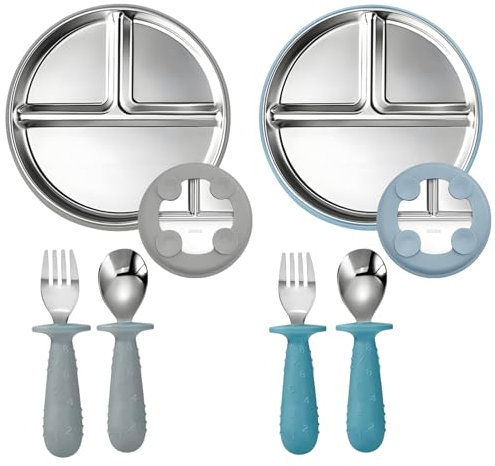 Kotkiddy Plato Infantil de Acero Inoxidable con Succión y Cucharas Tenedores para Bebé, Plato Dividido de 23CM con Tubo de Silicona Desmontable Set de 2 (Azul Gris y Gris Humo)