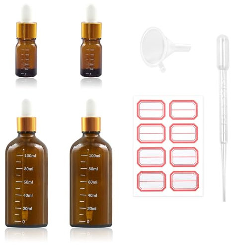 Amber Glass Dropper Bottles Set for Essential Oils, 2pcs 100ml and 2pcs 5ml Dropper Bottles, Funnel, Pipette, Labels, Refillable Containers for Aromatherapy, Skincare, DIY Serums
