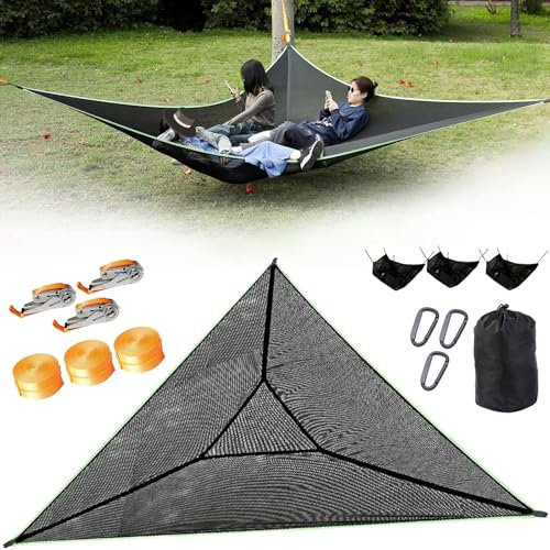 Triangle Hammock 13ft Camping for Outside Portable Outdoor Travel Multi Person Tree with 3 Ratchet Tie Down Straps & Net Pocket Max 800 lbs for 2-6 Adult/Kid (157''/400cm)