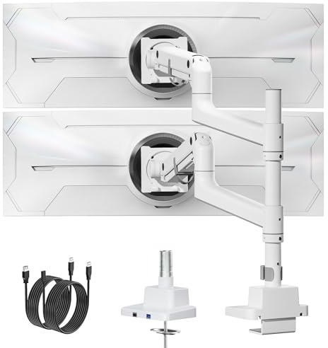 monTEK Braccio doppio ultrawide per monitor da 17 a 57 pollici, supporta fino a 27 kg, braccio regolabile con molla a gas con USB A/C, supporto verticale per monitor impilabile, montaggio VESA 75/100