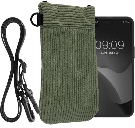 kwmobile Universal Smartphone Sleeve with Necklace - Magnetic Closure - Soft Inner Microfibre Mobile Phone Pouch - Cell Phone Strap for Neck - Gray Green
