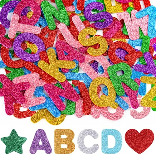 215 Stück Moosgummi Buchstaben Glitzer, Glitzernde Buchstaben Aufkleber | Bunte Glitzer Buchstaben zum Aufkleben für Sammelalben Wand Dekoration DIY Basteln Letters Stickers