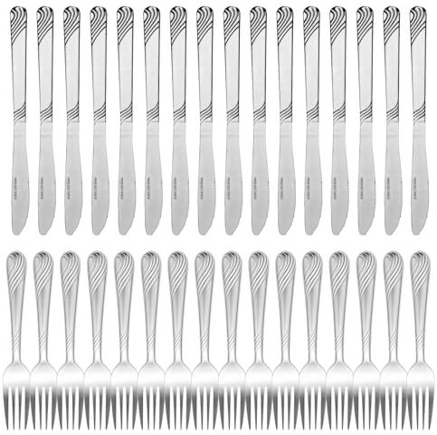 Steakbesteck SetZ,32 Stück Edelstahl Messer Und Gabel Set,Silber Besteck Steakmesser,Gabel Und Messer Set Für Pizza,Steak,Spülmaschinenfest,Hochglanzpoliert,16Tafelmesser (21cm)+16Tafelgabeln(17cm)