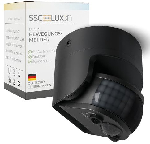 SSC-LUXon LOXIR Bewegungsmelder schwarz IP54 180°/360° 12m Decke & Wand | Aufputz-Bewegungssensor mit 180° & 360° Erfassung - bis 12m, mit Dämmerungssensor, für Terrasse, Weg & Carport, IP54