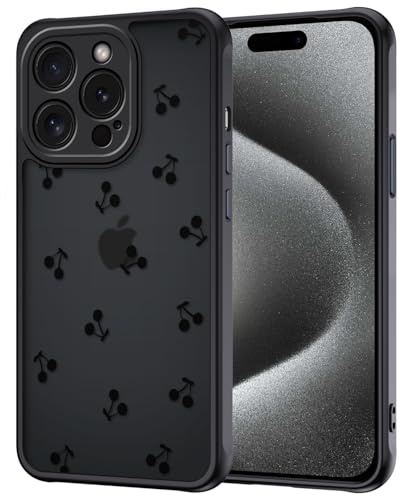 TVVTPU Handy Hülle für iPhone 15 Pro mit Vollständiger Kameraschutz, Aesthetic Kirschen Muster Handyhülle Anti-Fingerabdruck Mattierte Transluzente Rückseite Stoßfest Kratzfest Case, Schwarz