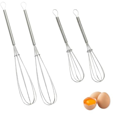 4PCS Stainless Steel Kitchen Whisks, Mini Wire Beater Set, Rust-Proof Manual Egg Whisks for Cooking, Whisking, Blending, Beating, Stirring (5 & 7 inch)