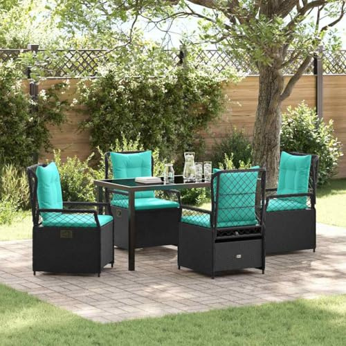 Owoxanthellate Gartenmöbel 5tlg Schwarz Poly-Rattan Essgruppe 120cm Glas-Tisch Lounge Sitzbank verstellbare Rückenlehne langlebig wetterfest platzsparend für kleine Balkone Terrassen Garten