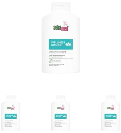 Sebamed Wellness Dusche 400 ml, Duschgel für Männer und Frauen, milde seifenfreie Reinigung für empfindliche Haut, mit Pflegekomplex aus Wasserlilienextrakt und Allantoin (Packung mit 4)