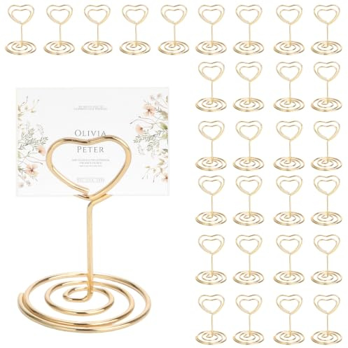 VINATO 30 Stück Goldene Herzförmige Tischkartenhalter, Edelstahl Fotohalter Kartenständer, Memohalter Tischkarten Halterung für Hochzeiten, Bankette, Partys, Restaurant