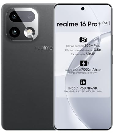 realme 16 Pro+ Smartphone 5G Móvil,Pantalla AMOLED 6,8''1,5K 144 Hz, 12+512GB,Cámara 200MP OIS & Lente Teleobjetivo 3,5X,Batería 7000mAh (Gris, 512, GB, 12, GB)