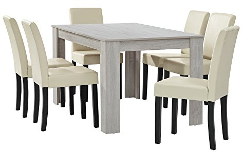 [en.casa] Esstisch Eiche weiß mit 6 Stühlen Creme Kunstleder gepolstert 140x90 Essgruppe Esszimmer