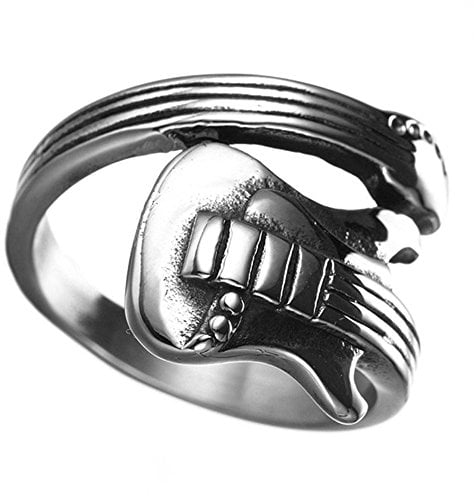 HIJONES Men's Stainless Steel Punk Rock Wrap Around Guitar Music Ring Silver Size N