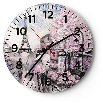 ARTTOR Moderne Glasuhr 40x40cm Rund Wanduhr Architektur Menschen - 3149 | Paris Weg Illustration Glas Analog Wanduhr Lautlos Wanddekoration Wohnzimmer Büro Küche Wanddeko Küchenuhr Geräuschlos ARTTOR
